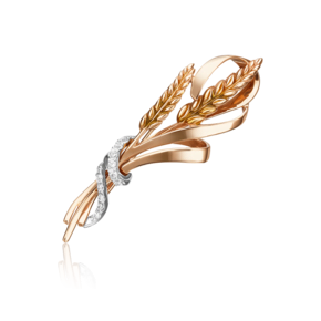 Брошь «Колосья» из комбинированного золота с фианитами и эмалью 04-0212-00-401-1111-03