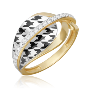 Кольцо с принтом «Гусиная лапка» из комбинированного золота с фианитами и эмалью 01-5718-00-401-1121