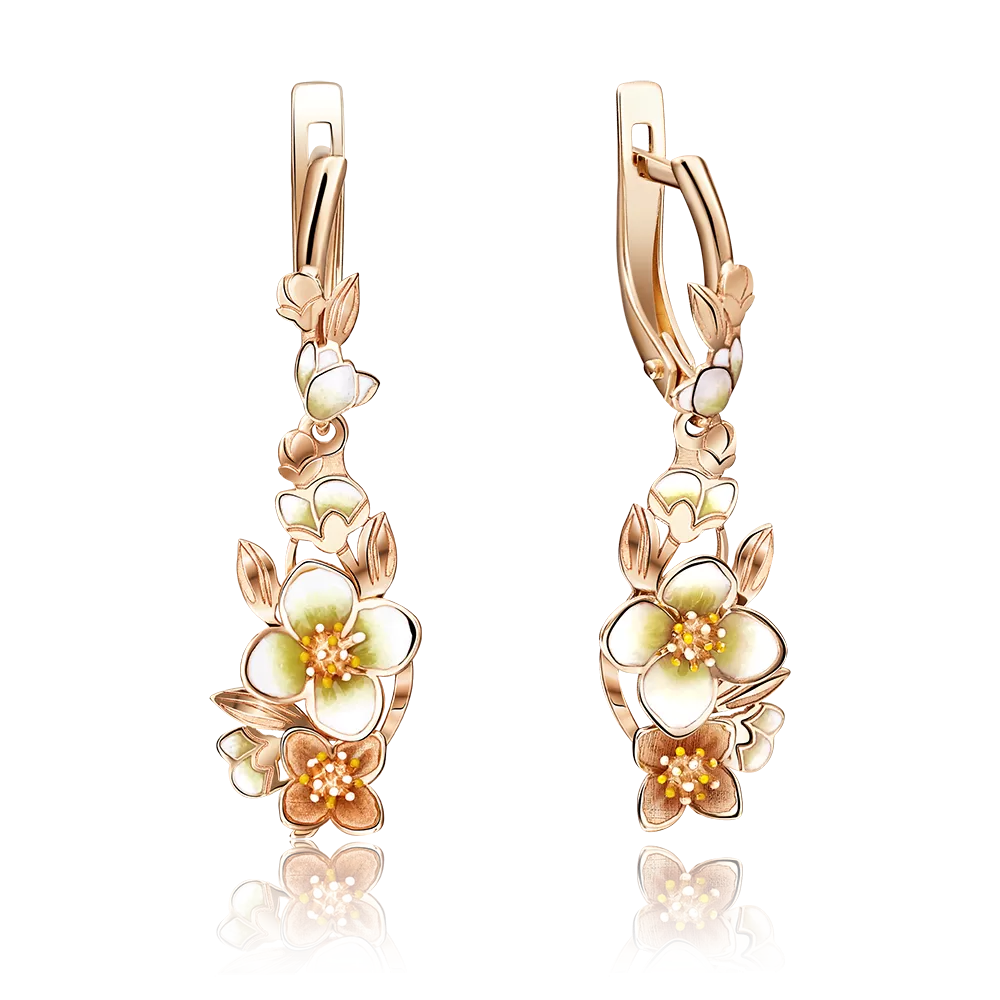 Серьги «Жасмин» с английским замком из красного золота с эмалью 02-4114-00-000-1110-48