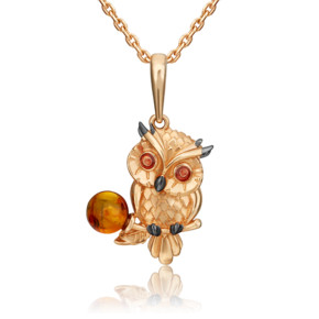 Подвеска «Сова» из красного золота с янтарём и эмалью 03-3220-00-271-1110-46