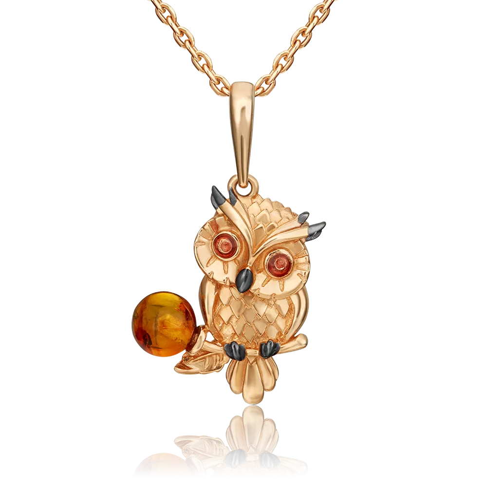 Подвеска «Сова» из красного золота с янтарём и эмалью 03-3220-00-271-1110-46