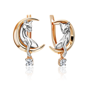 Серьги «Лунные кошки» с английским замком из комбинированного золота с фианитом 02-5433-00-401-1111