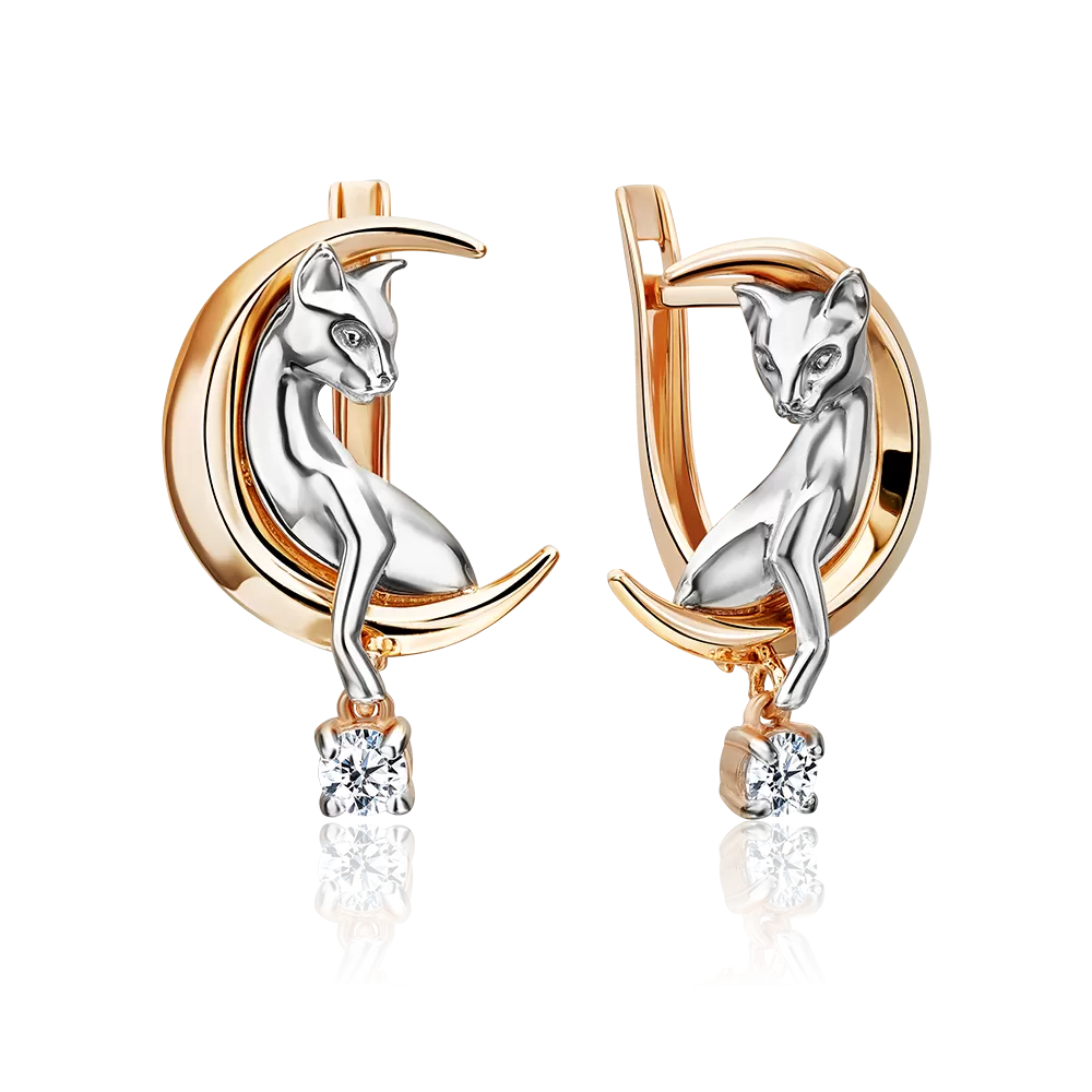 Серьги «Лунные кошки» с английским замком из комбинированного золота с фианитом 02-5433-00-401-1111