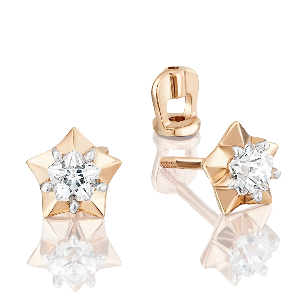 Серьги-пусеты «Звезды» из красного золота с фианитом 02-3635-00-401-1110
