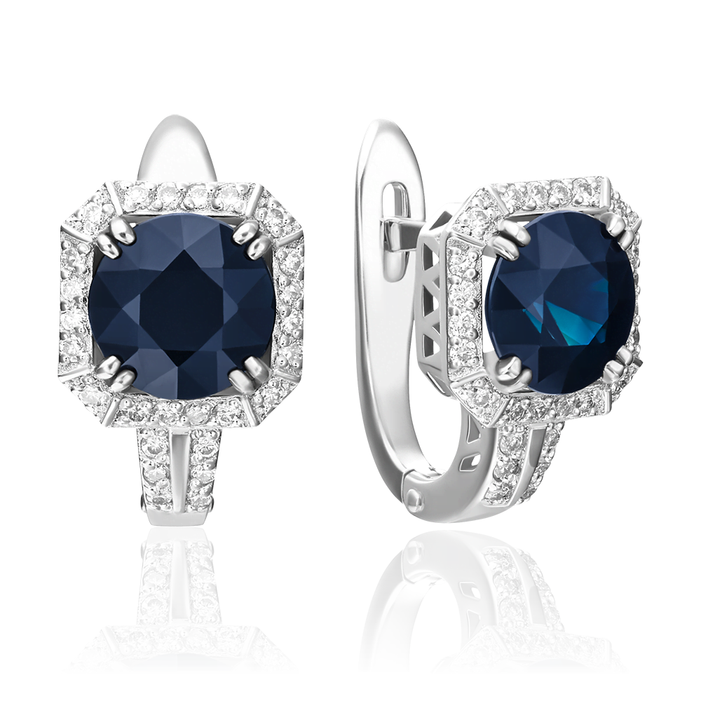 Серьги с английским замком из белого золота с сапфиром и бриллиантами 02-0841-00-105-1120-30