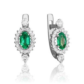 Серьги с английским замком из белого золота с изумрудом и бриллиантами