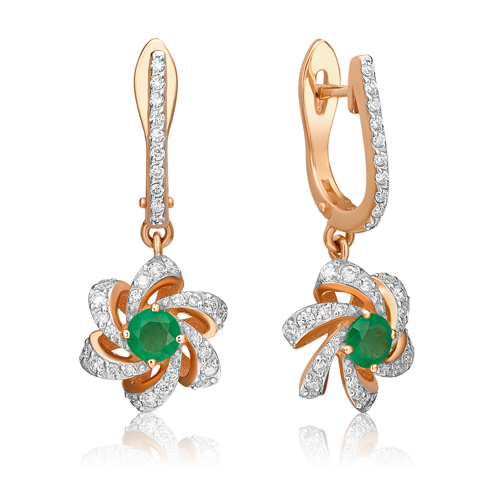 Серьги с английским замком из красного золота с изумрудом и бриллиантами 02-0773-00-106-1110-30