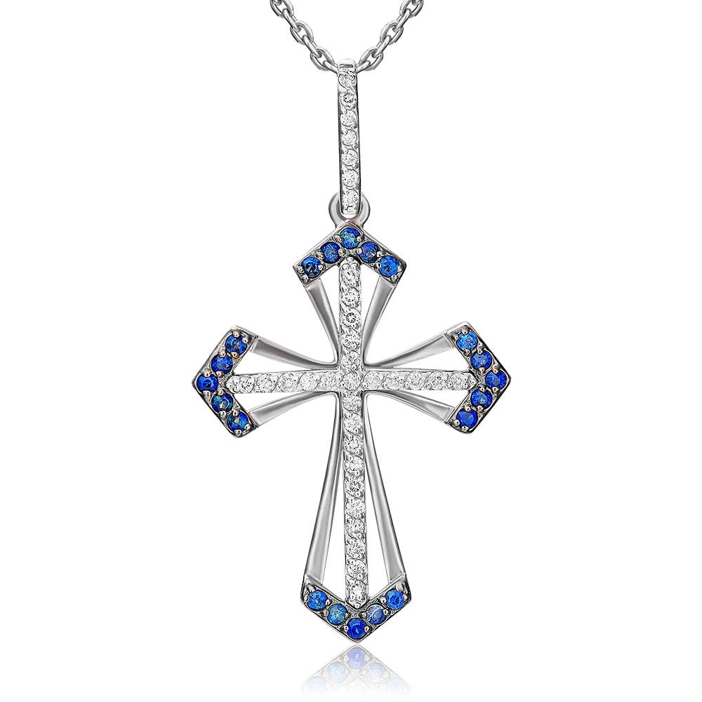 Декоративный крест из белого золота с сапфирами и бриллиантами 03-0443-00-105-1120-30
