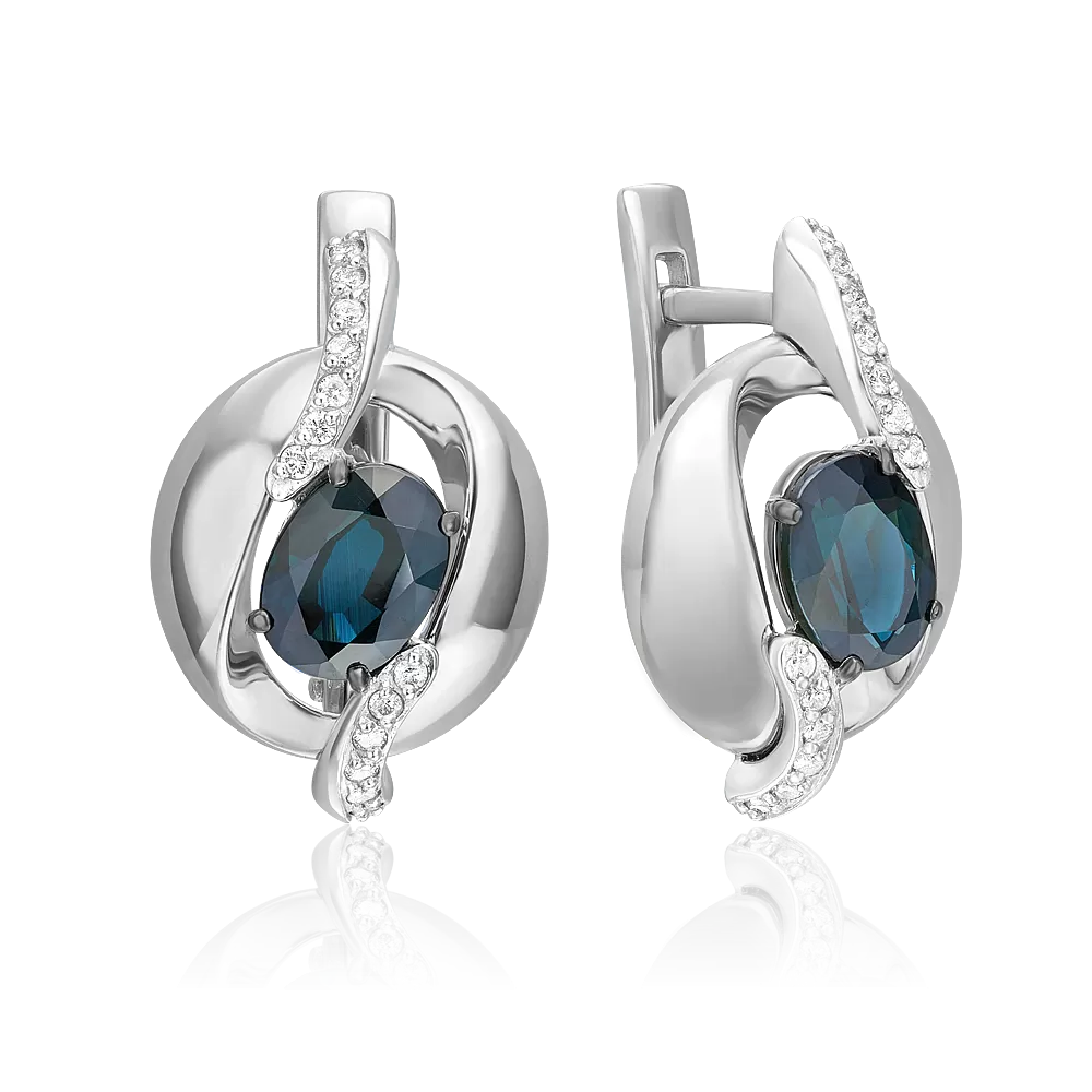 Серьги с английским замком из белого золота с сапфиром и бриллиантами 02-5216-00-105-1120