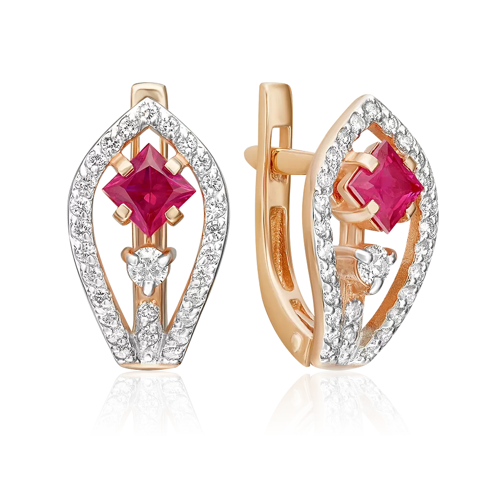 Серьги с английским замком из красного золота с рубином и бриллиантами 02-0814-00-107-1110-30