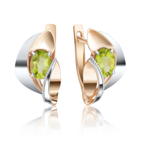 Серьги с английским замком из комбинированного золота с хризолитом