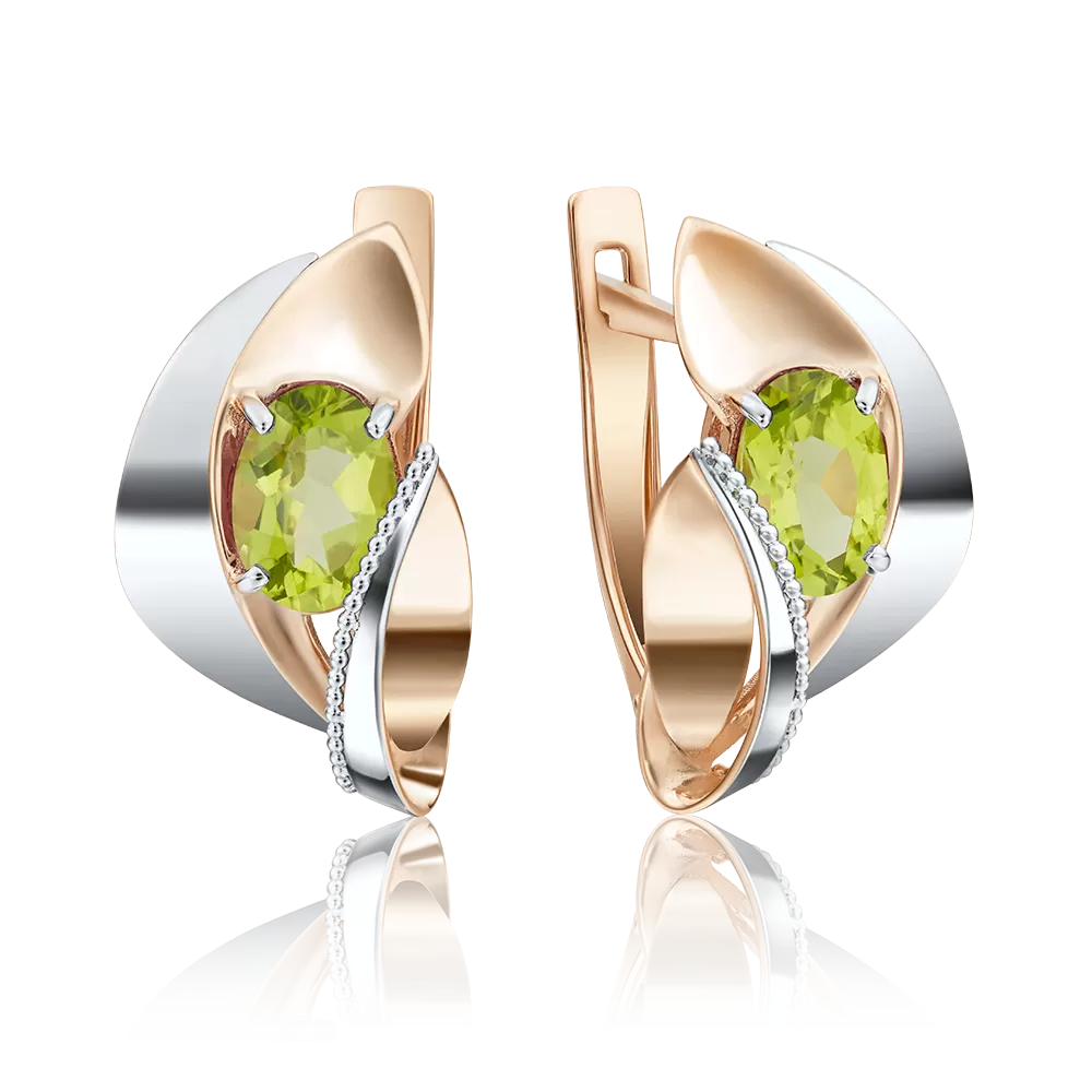 Серьги с английским замком из комбинированного золота с хризолитом 02-4038-00-205-1111-46