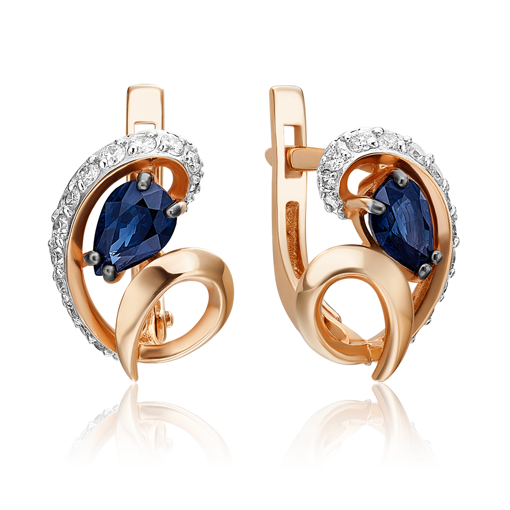 Серьги с английским замком из красного золота с сапфиром и бриллиантами 02-0965-00-105-1110-30