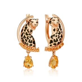 Серьги «Леопарды» с английским замком из красного золота с цитринами и эмалью 02-5504-00-206-1110