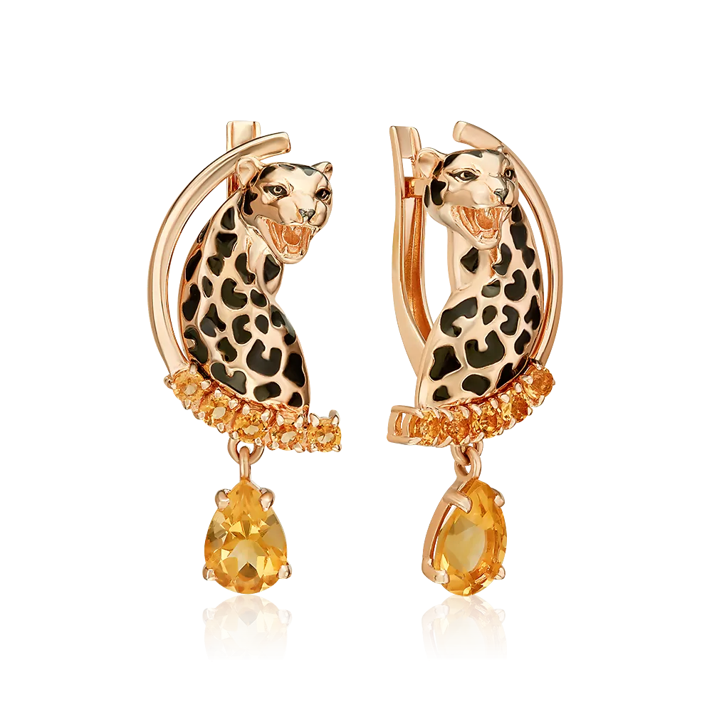 Серьги «Леопарды» с английским замком из красного золота с цитринами и эмалью 02-5504-00-206-1110