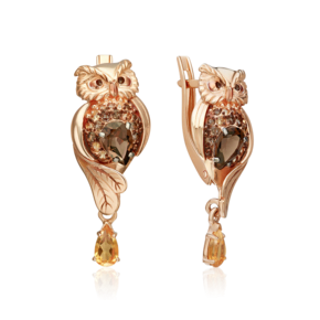 Серьги «Совы» с английским замком из красного золота с кварцем дымчатым, цитринами и эмалью 02-4128-00-226-1110-57