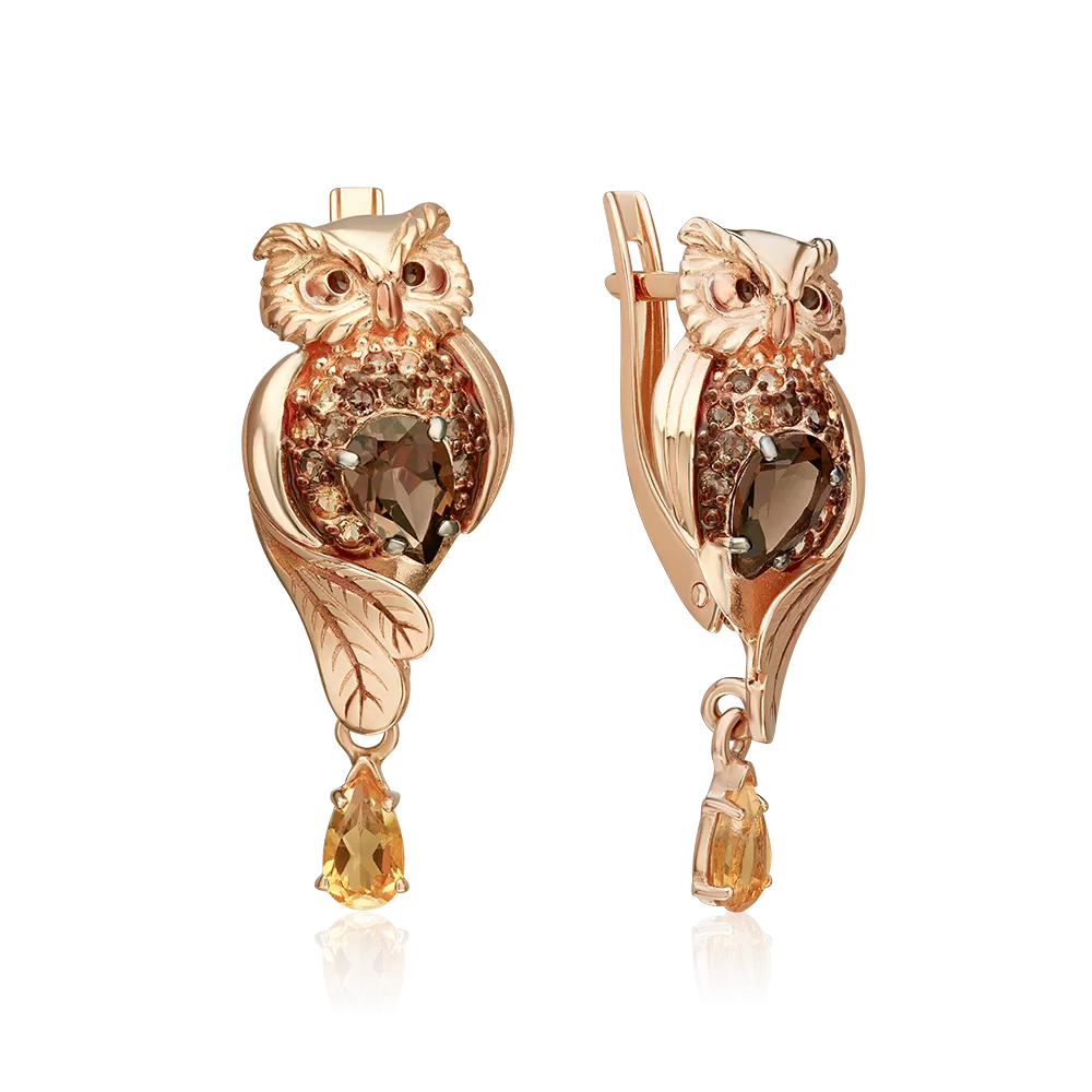 Серьги «Совы» с английским замком из красного золота с кварцем дымчатым, цитринами и эмалью 02-4128-00-226-1110-57
