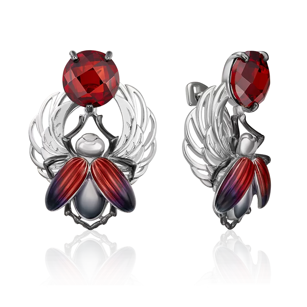 Серьги «Скарабеи» с английским замком из серебра с фианитом и эмалью 02-4778-00-404-0200-68