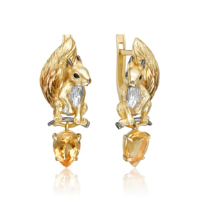 Серьги «Белки» с английским замком из лимонного золота с цитрином