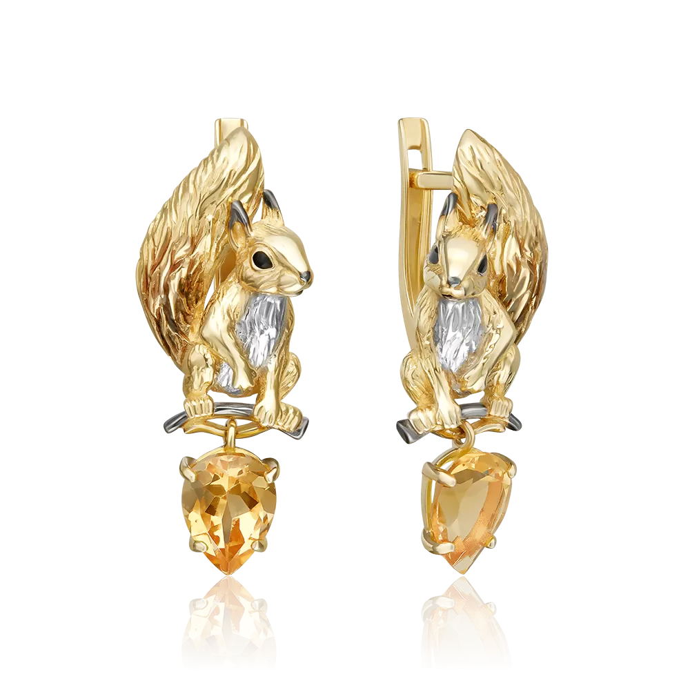 Серьги «Белки» с английским замком из лимонного золота с цитрином 02-5299-00-206-1130