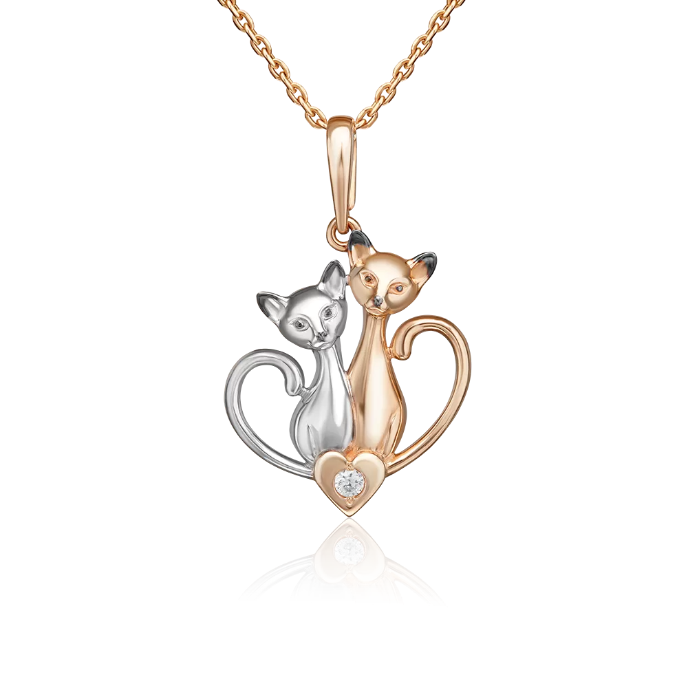 Подвеска «Влюблённая парочка» из красного золота с фианитом 03-3576-00-401-1110