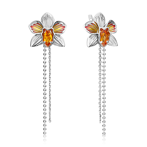Серьги «Орхидеи» из серебра с цитрином и эмалью 02-4795-00-206-0200-68