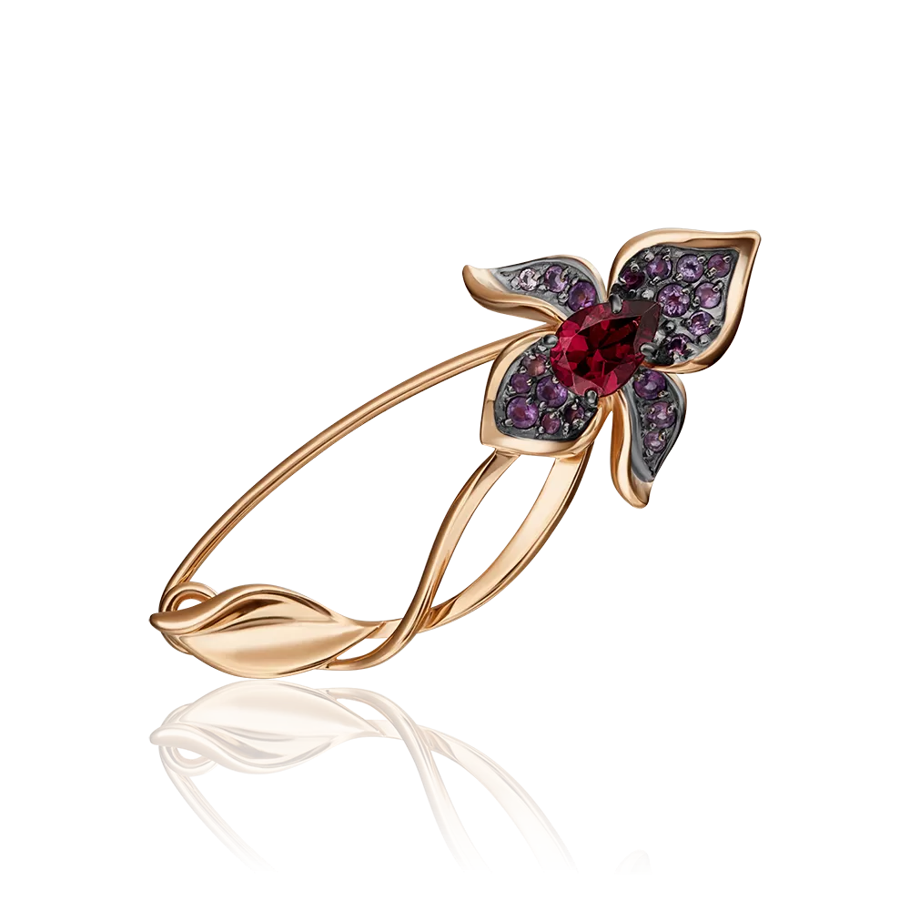 Брошь-булавка «Орхидея» из красного золота с гранатом и аметистами 04-0243-00-257-1110-57