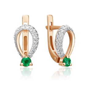 Серьги с английским замком из красного золота с изумрудом и бриллиантами