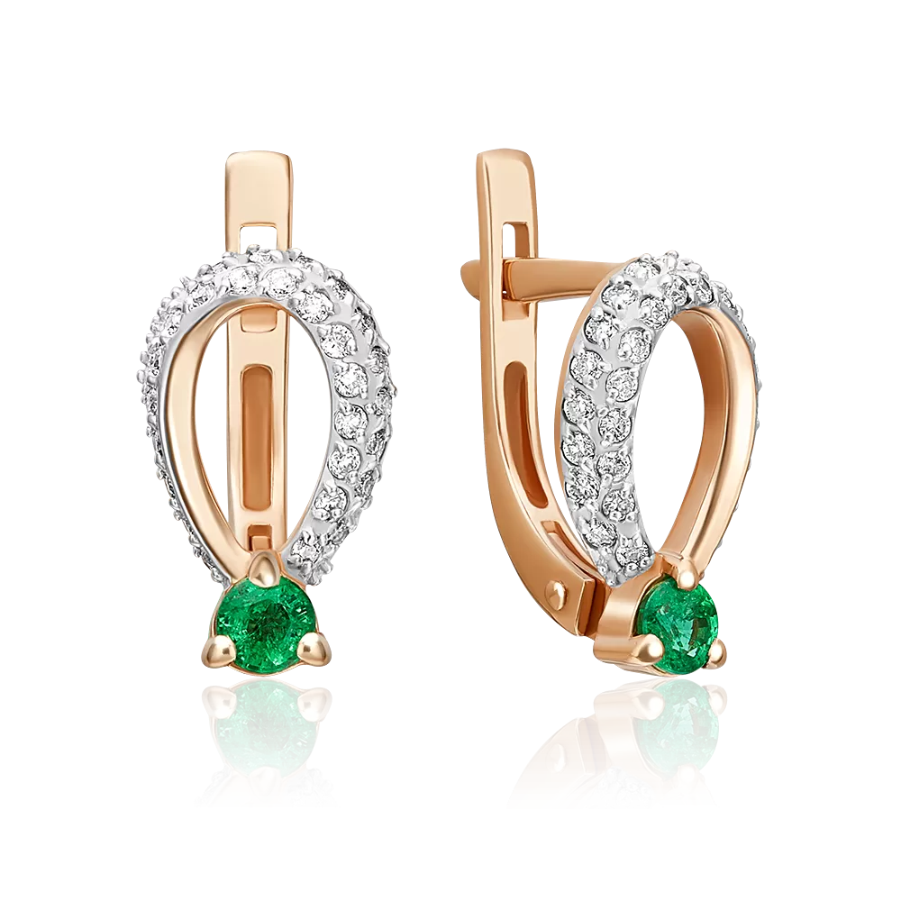 Серьги с английским замком из красного золота с изумрудом и бриллиантами 02-0325-00-106-1110-30