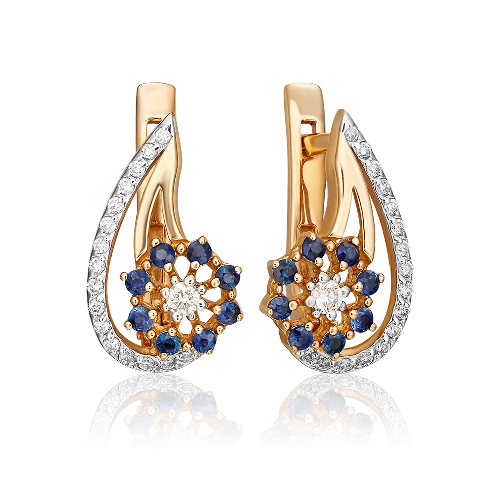 Серьги с английским замком из красного золота с бриллиантами и сапфирами 02-0335-00-105-1110-30