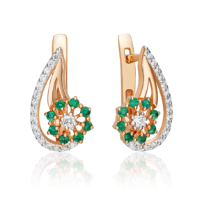 Серьги с английским замком из красного золота с бриллиантами и изумрудами 02-0335-00-106-1110-30