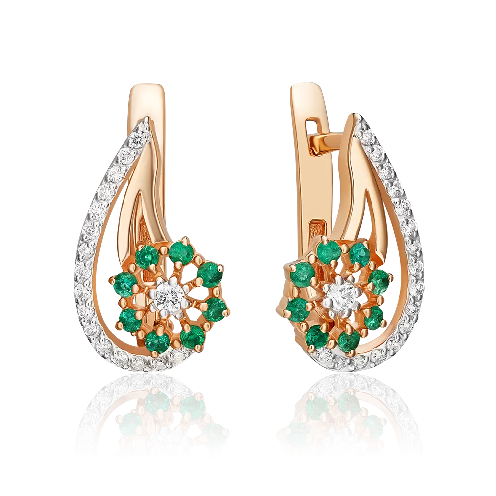 Серьги с английским замком из красного золота с бриллиантами и изумрудами 02-0335-00-106-1110-30