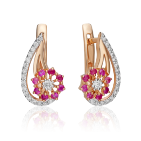 Серьги с английским замком из красного золота с бриллиантами и рубинами 02-0335-00-107-1110-30