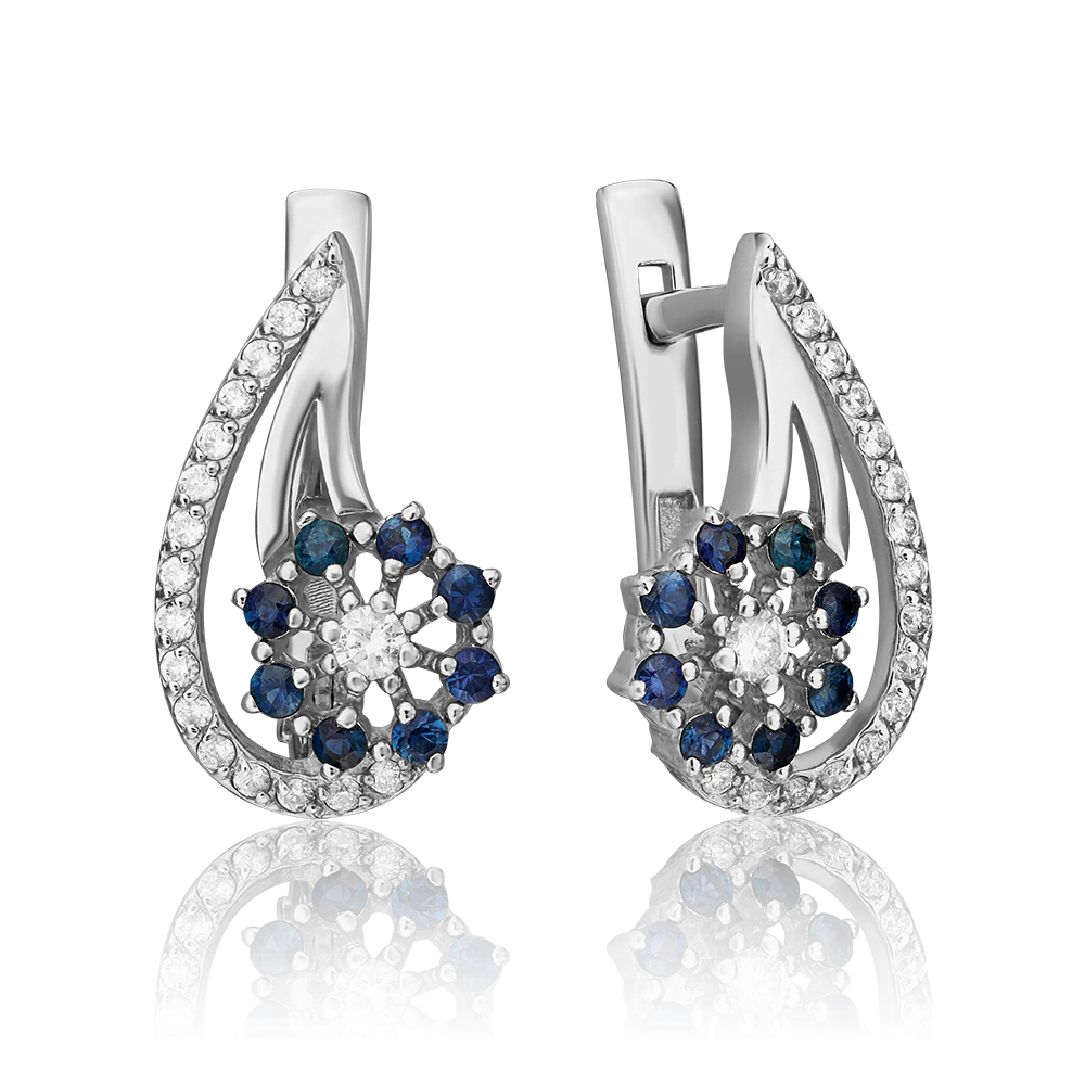 Серьги с английским замком из белого золота с бриллиантами и сапфирами 02-0336-00-105-1120-30