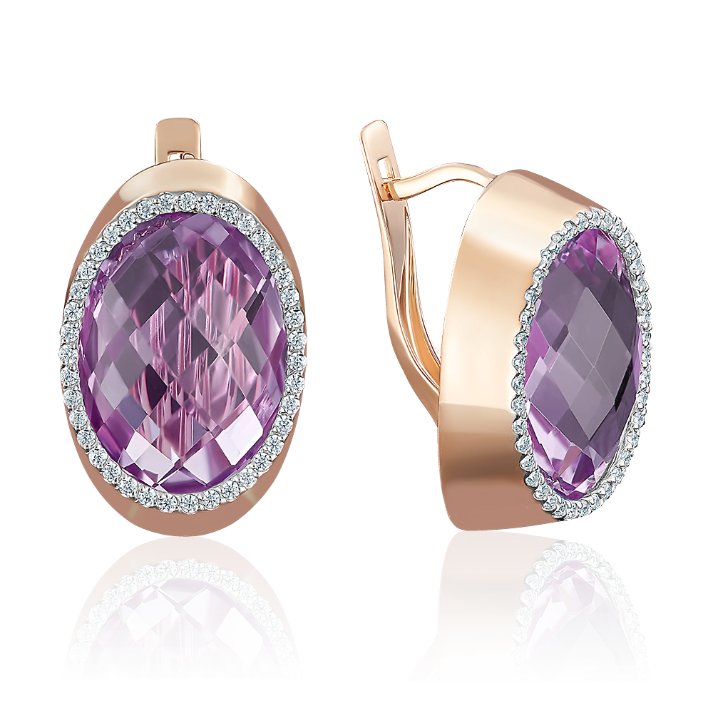 Серьги с английским замком из красного золота с аметистом и фианитами 02-3665-00-209-1110-46