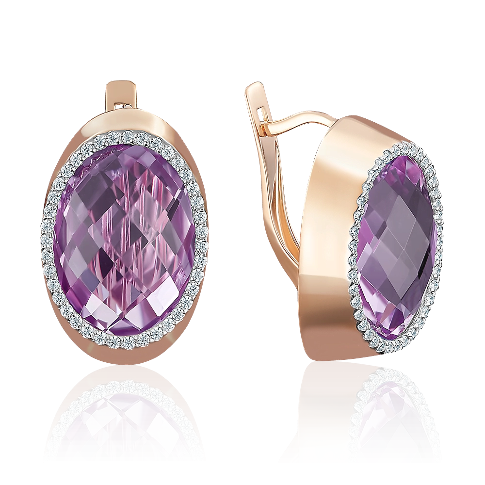 Серьги с английским замком из красного золота с аметистом и фианитами 02-3665-00-209-1110-46