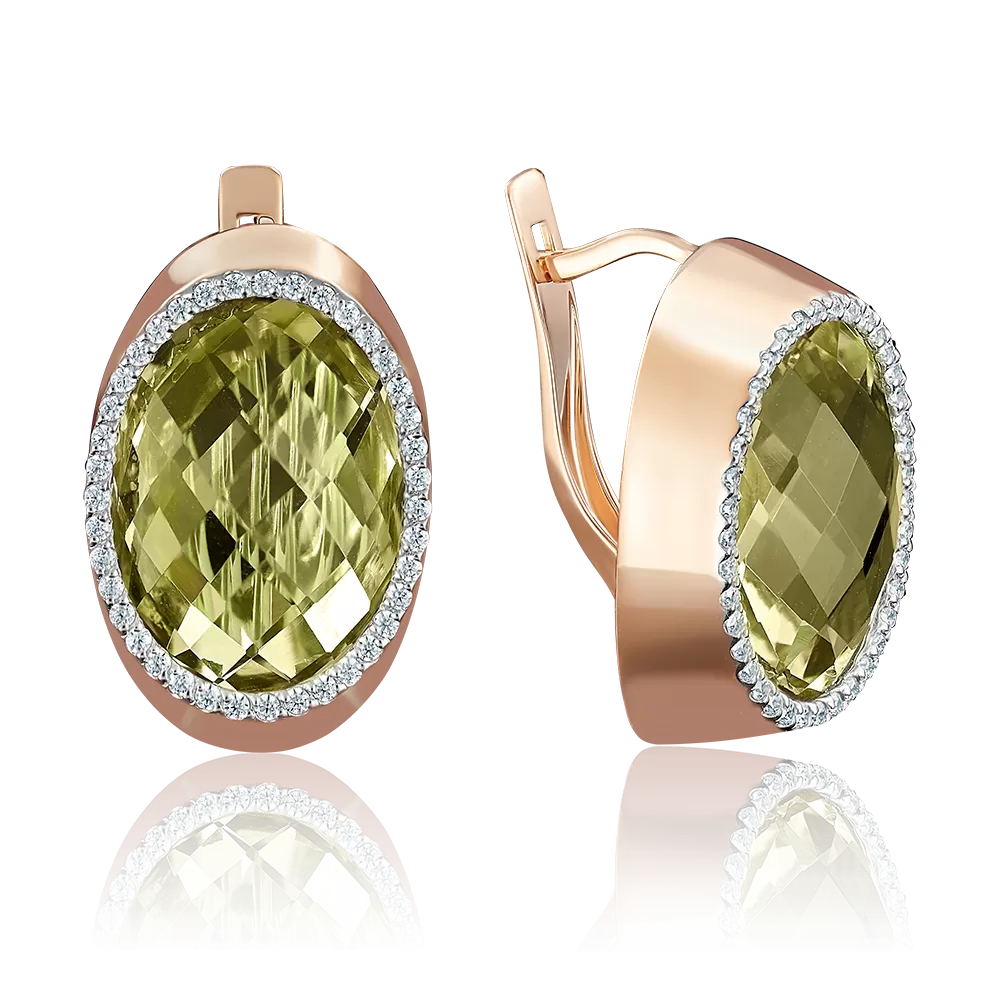 Серьги с английским замком из красного золота с кварцем зеленым и фианитами 02-3665-00-260-1110-46