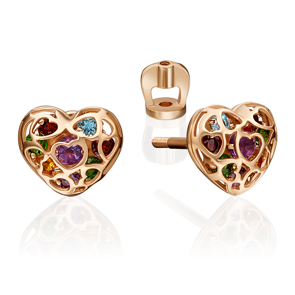 Серьги-пусеты «Сердца» из красного золота с миксом камней 02-4565-00-728-1110-57
