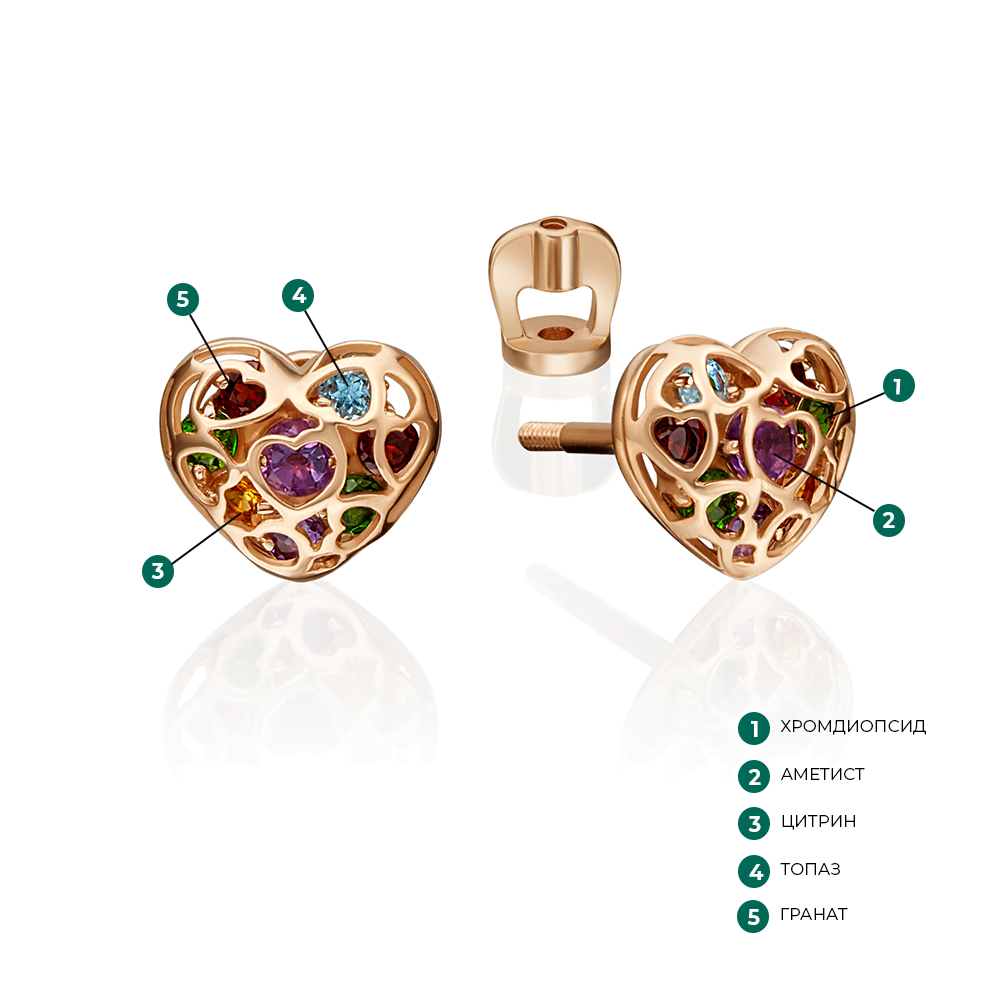 Серьги-пусеты «Сердца» из красного золота с миксом камней 02-4565-00-728-1110-57