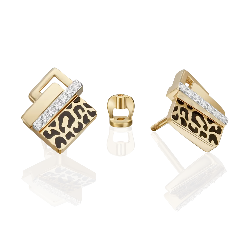 Серьги с принтом «Леопард» из лимонного золота с фианитами и эмалью 02-5189-00-401-1130