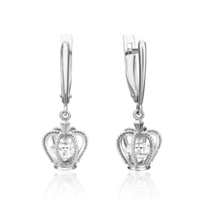 Серьги «Короны» с английским замком из белого золота с фианитом 02-4539-00-501-1120-67