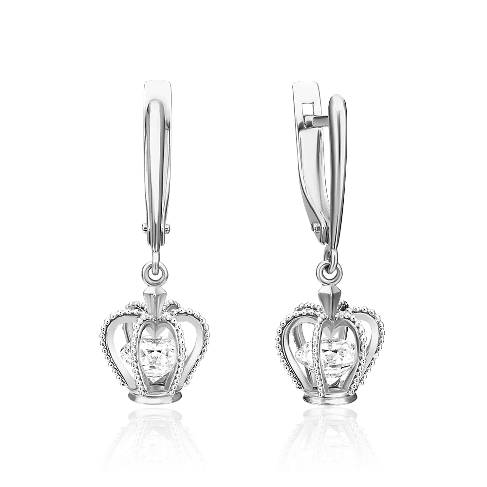 Серьги «Короны» с английским замком из белого золота с фианитом 02-4539-00-501-1120-67
