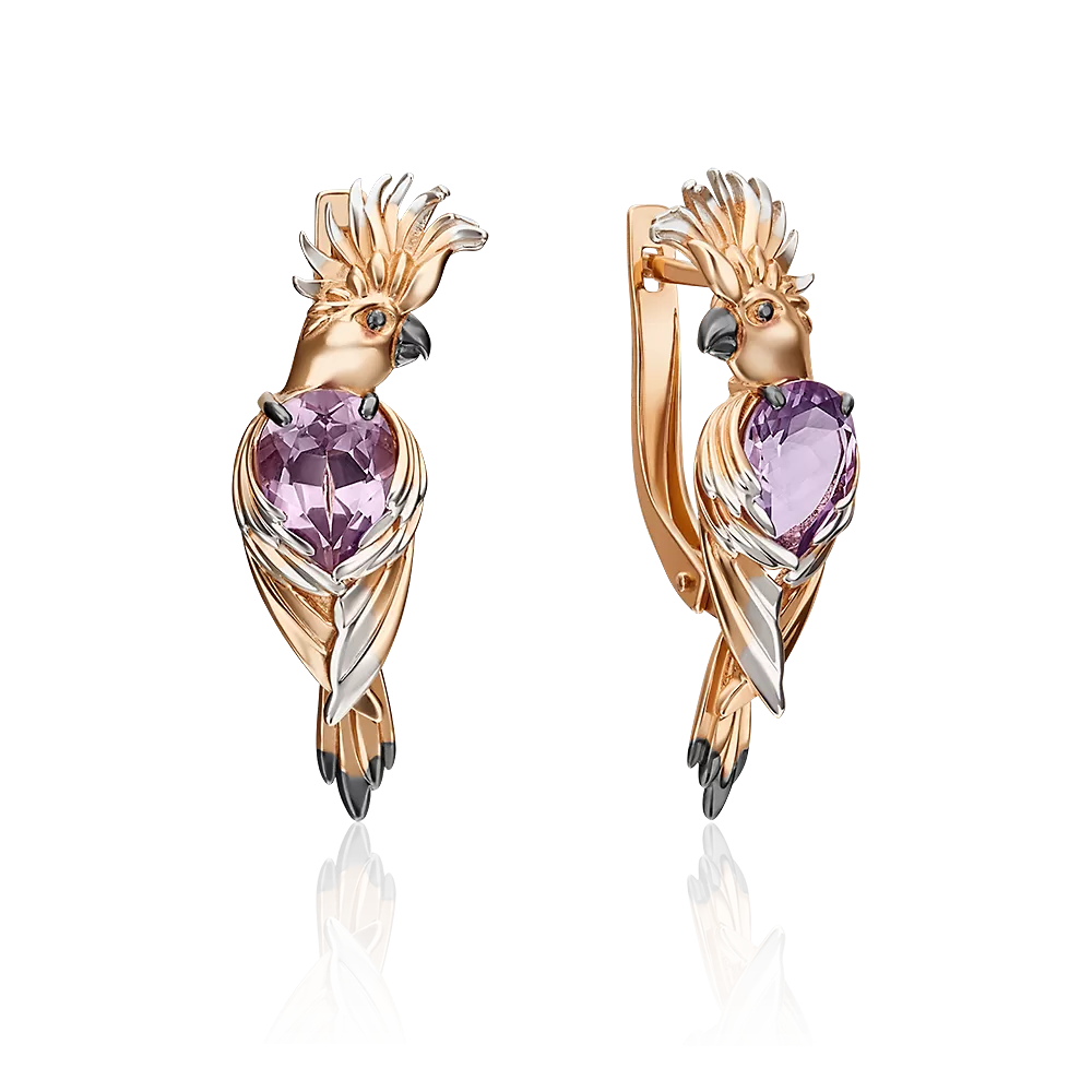 Серьги «Попугаи Какаду» с английским замком из красного золота с аметистом 02-4534-00-203-1110-57