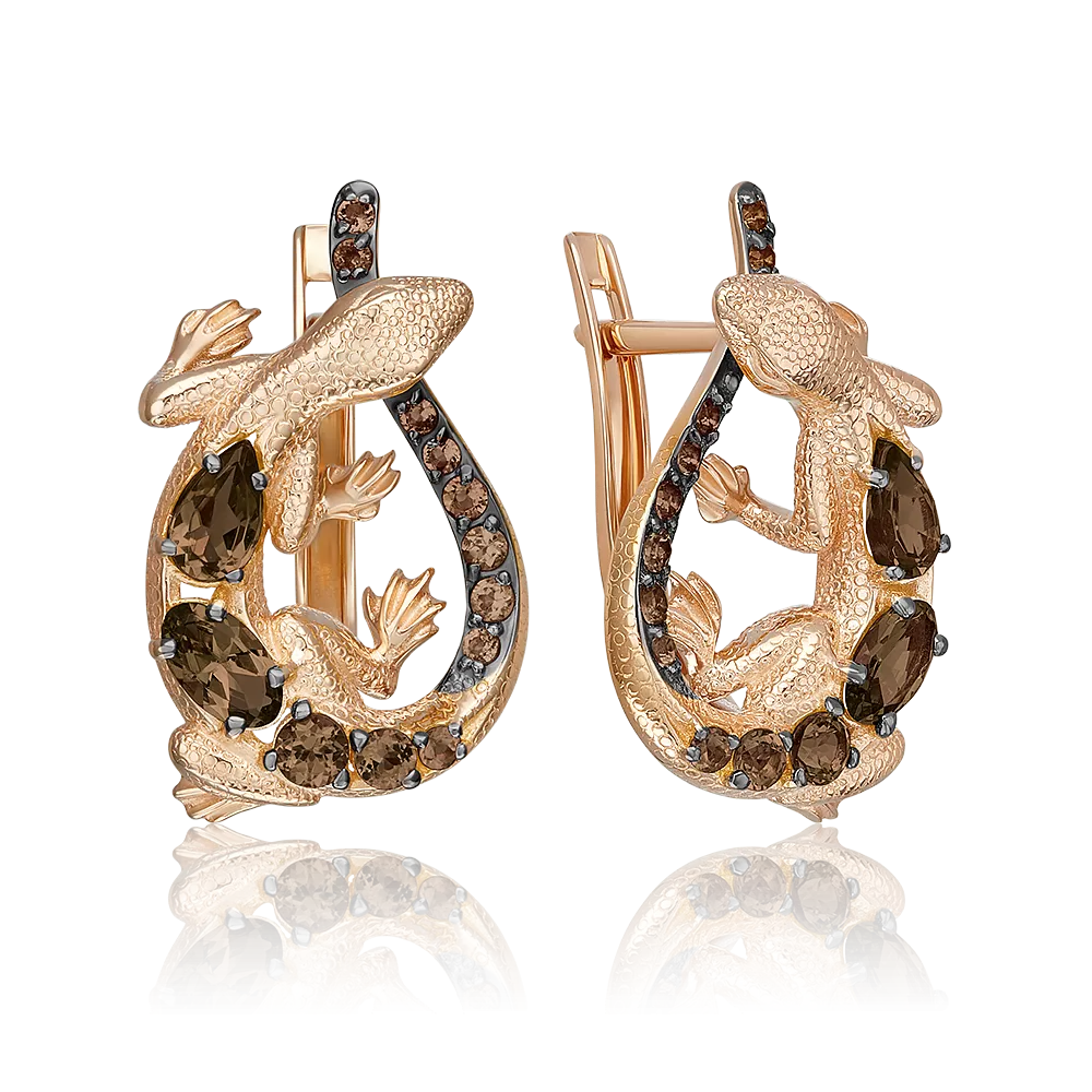 Серьги «Ящерицы» с английским замком из красного золота с кварцем дымчатым 02-5287-00-202-1110