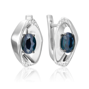 Серьги с английским замком из белого золота с сапфиром и бриллиантами