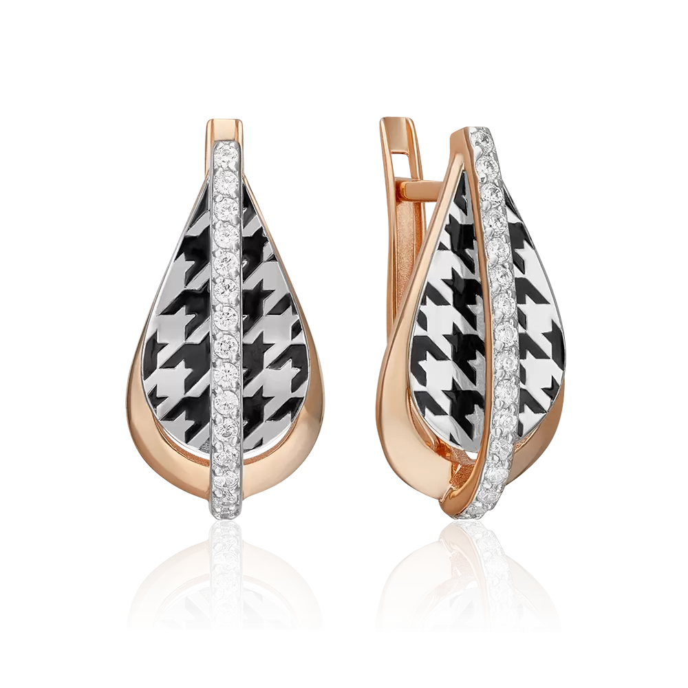 Серьги с принтом «Гусиная лапка» из комбинированного золота с фианитами и эмалью 02-5204-00-401-1111