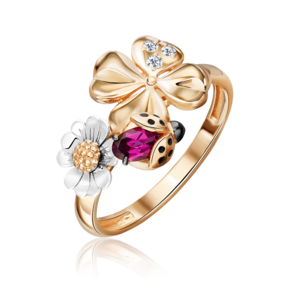 Кольцо «Драгоценный сад» (пожелание удачи) из комбинированного золота с гранатом, натуральными топазами white и эмалью 01-5460-00-264-1111-76 Кольцо «Драгоценный сад» (пожелание удачи) из комбинированного золота с гранатом, натуральными топазами white и эмалью 01-5460-00-264-1111-76
