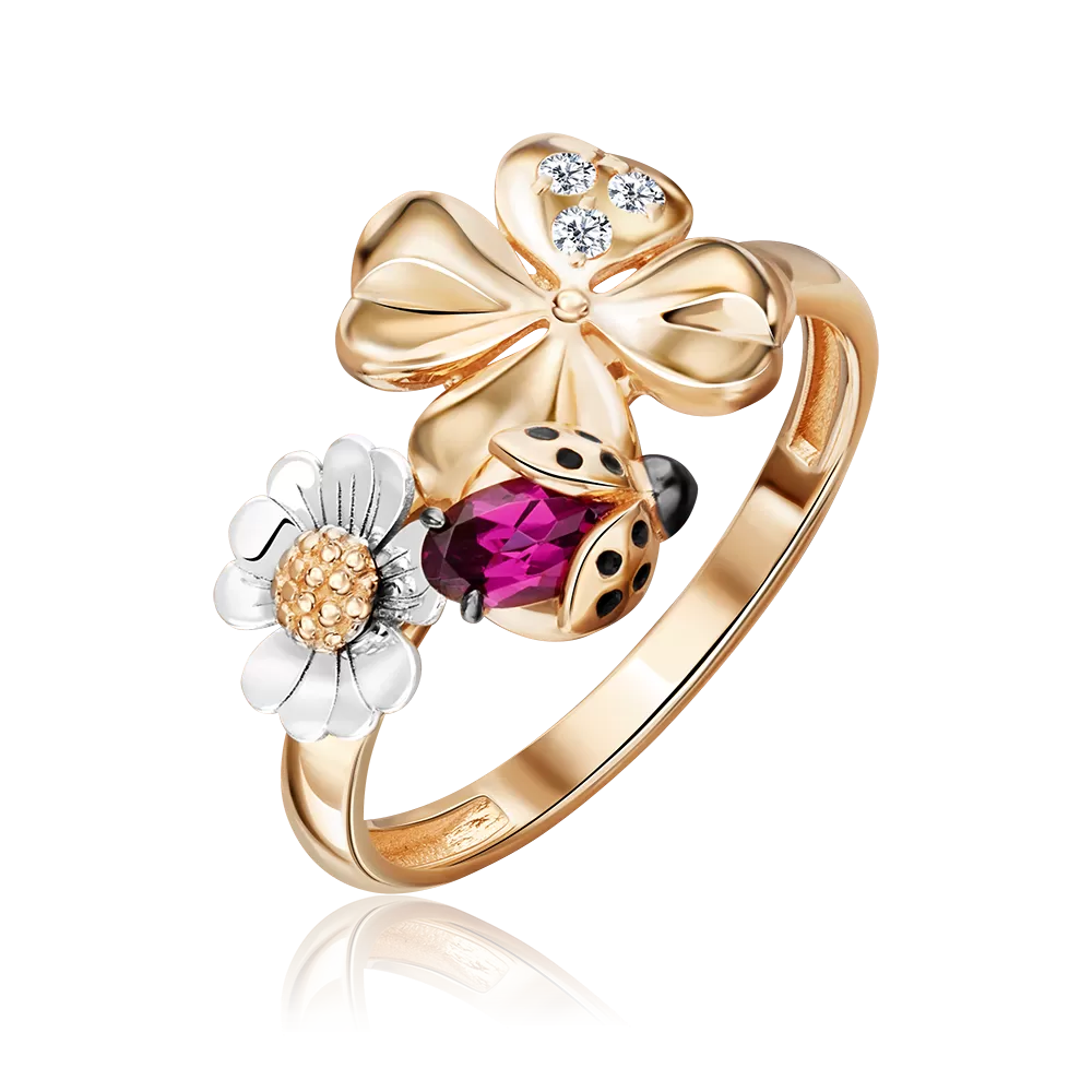 Кольцо «Драгоценный сад» (пожелание удачи) из комбинированного золота с гранатом, натуральными топазами white и эмалью 01-5460-00-264-1111-76