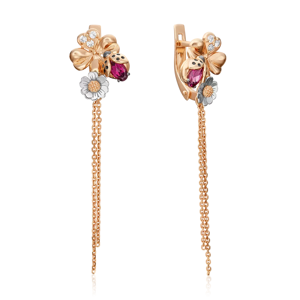 Серьги «Драгоценный сад» (пожелание удачи) с английским замком из комбинированного золота с гранатом, натуральными топазами white и эмалью 02-4690-00-264-1111-76