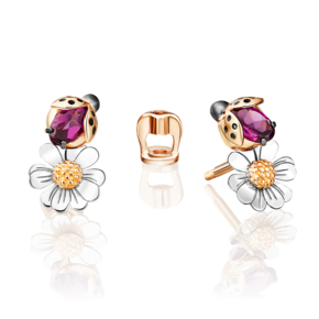 Серьги-пусеты «Драгоценный сад» (пожелание удачи) из комбинированного золота с гранатом и эмалью 02-4701-00-204-1111-75